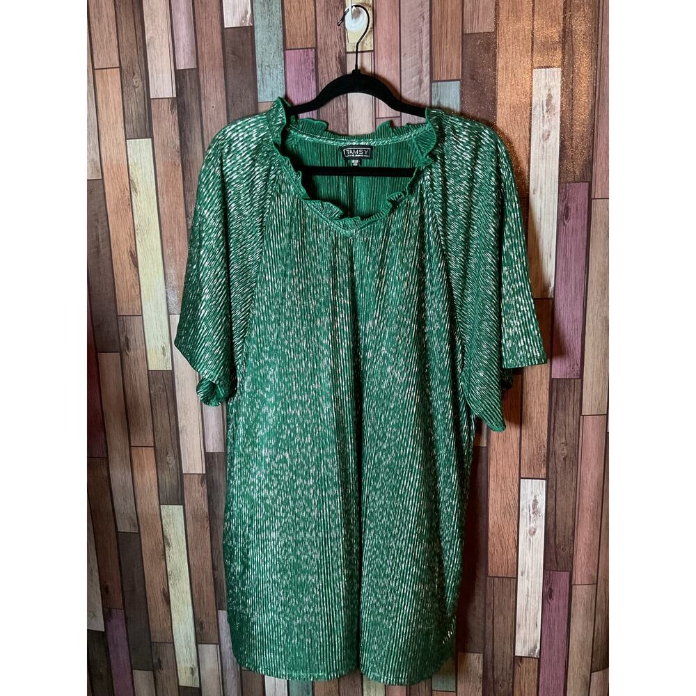 Emerald Green Silver Metallic Ruffled Collar Short Sleeve Women’s Top One Size